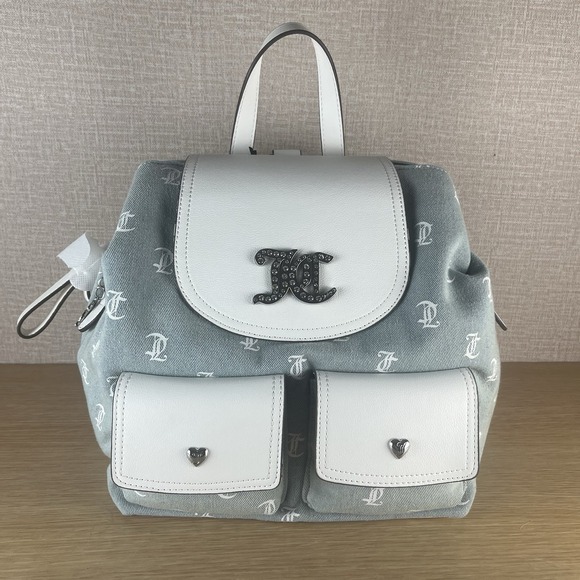 Juicy Couture Denim Monogram Backpack Rhinestone Logo White Trim NWT main image 6
